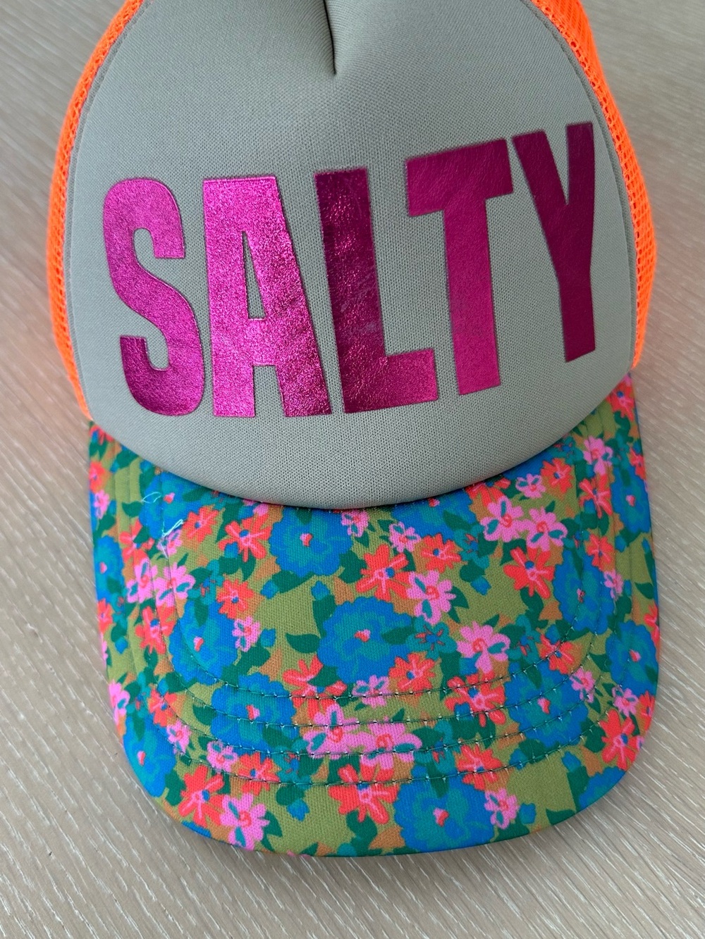 Kids Floral 'SALTY' Trucker Hat - Pink Lettering, Orange Mesh